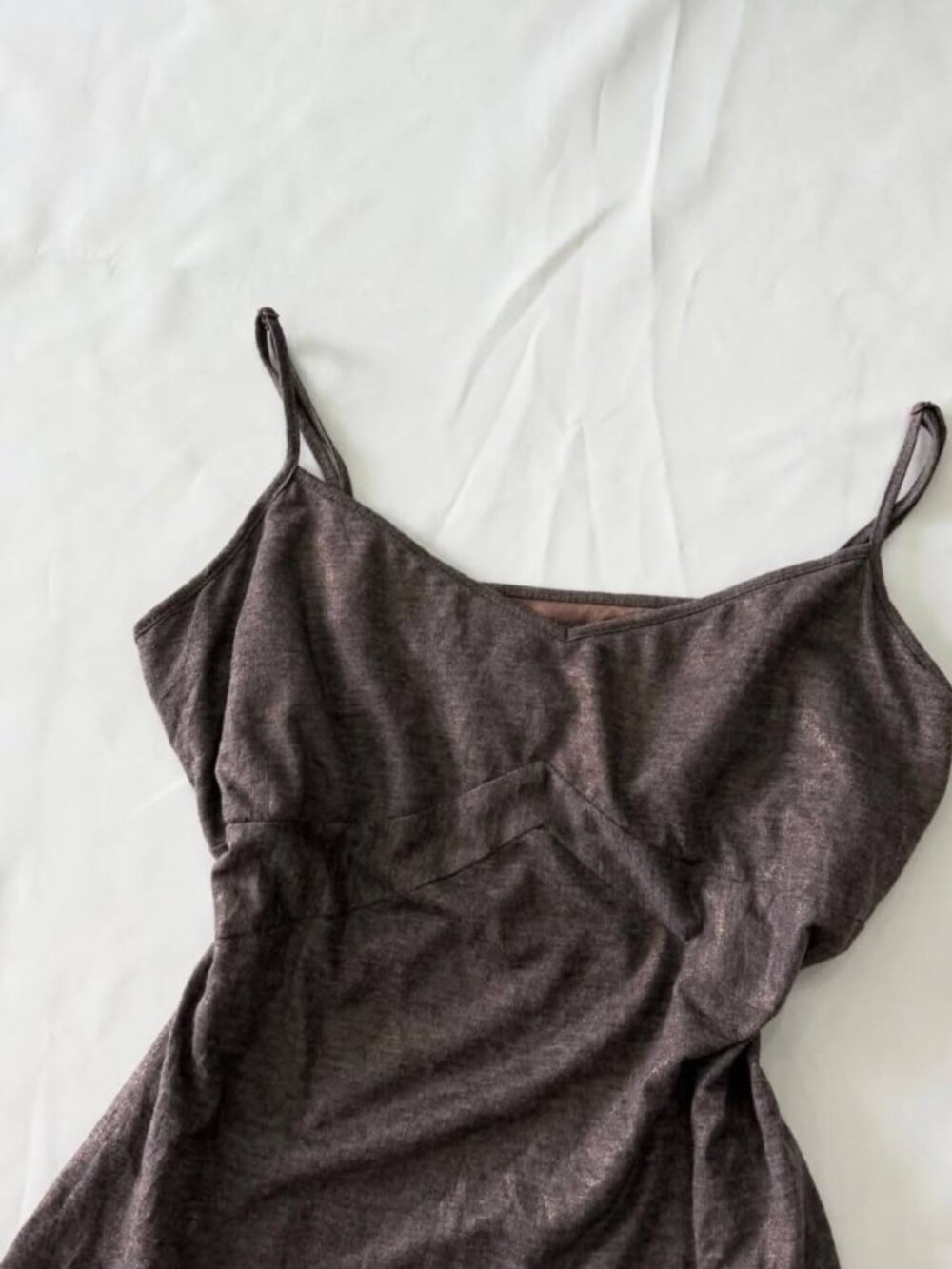 Y2K Brown Gray Satin Cami Top Ruched Front Spaghetti Strap 90s Vintage - Picture 2 of 5